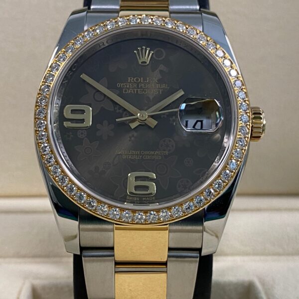 Rolex Datejust 36 - 2019 - Factory Diamond Bezel Chocolate Floral Dial - 116243 *FULL SET*